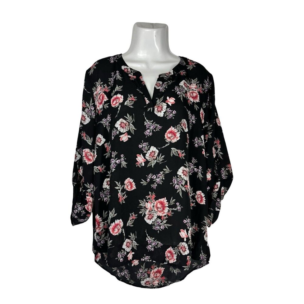 Pink Rebel Women Floral Blouse XL Black Roll Tab Sleeve Split Neck Work Top Boho